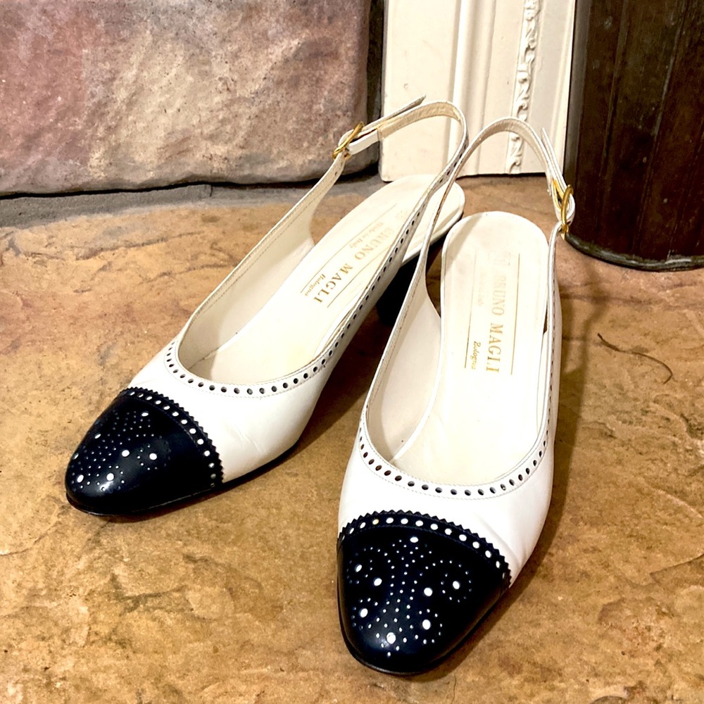Bruno Magli Black and White Strap on sling back heels size 6AA Adjustable
